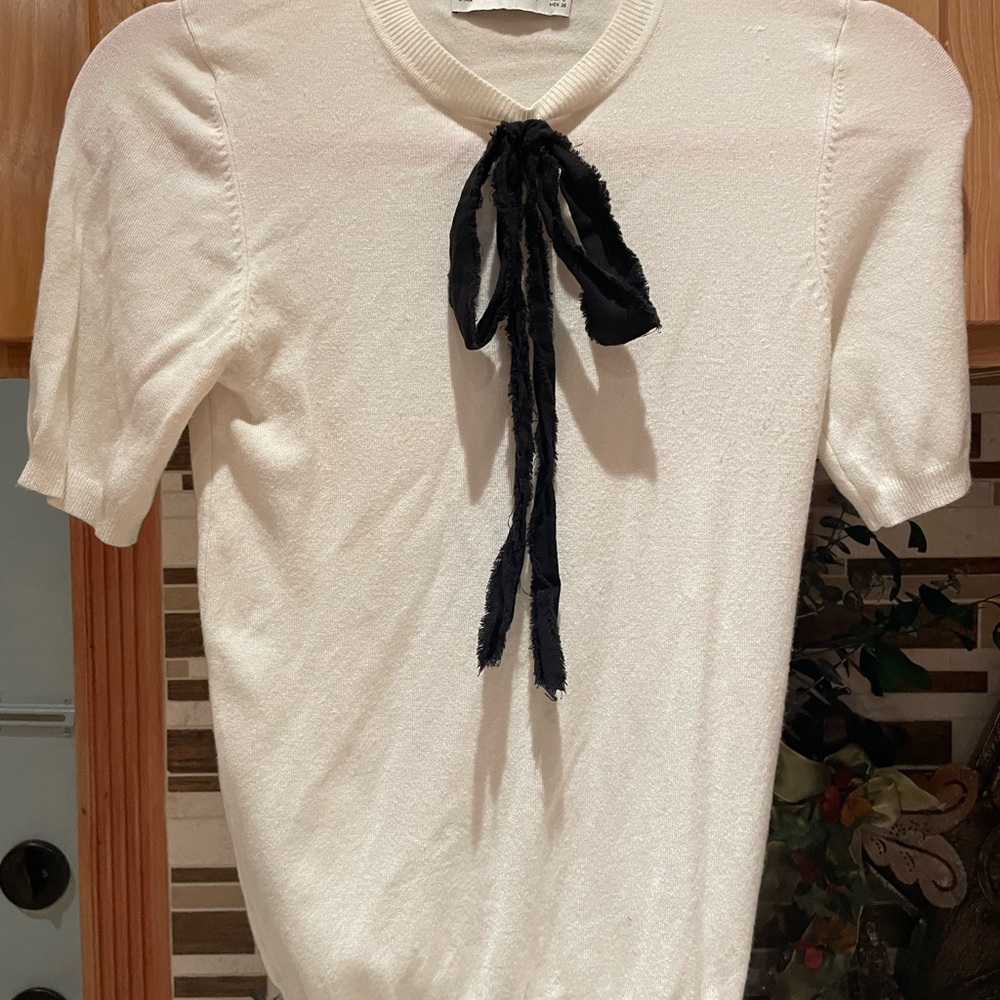 Zara .White Sweater with Black Bow Accent